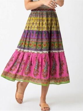 Chaudry KC Skirt. Tiered. Stretchy Pink Purple Yellow Floral/Paisley. Sz Small